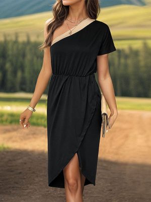 Stylish Asymmetric One-Shoulder Colorblock Dress Women