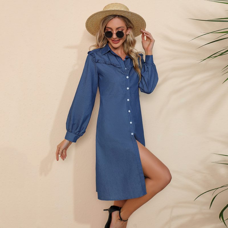 Collared Ruffle Detail Denim Dress for Women - Image 3