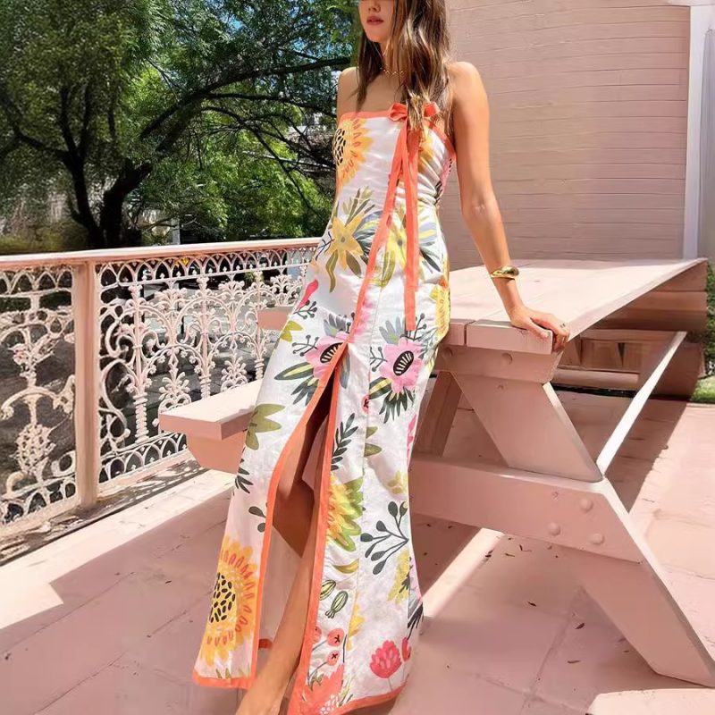 Women's Summer Printed Dress Wrap Neckline High Slit - Image 2
