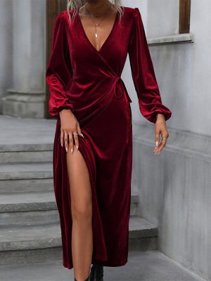 Wine Red Velvet Mid-Length Party Dress