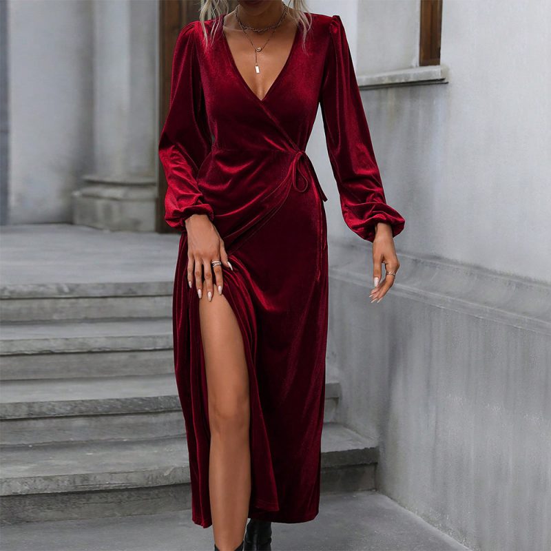 Wine Red Velvet Mid-Length Party Dress