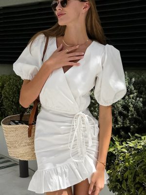 French V Neck Puff Sleeve White Dress