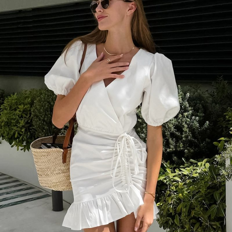 French V Neck Puff Sleeve White Dress