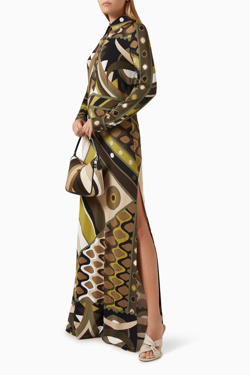 Collared Long Sleeve Printed Split Dress Women - Image 3