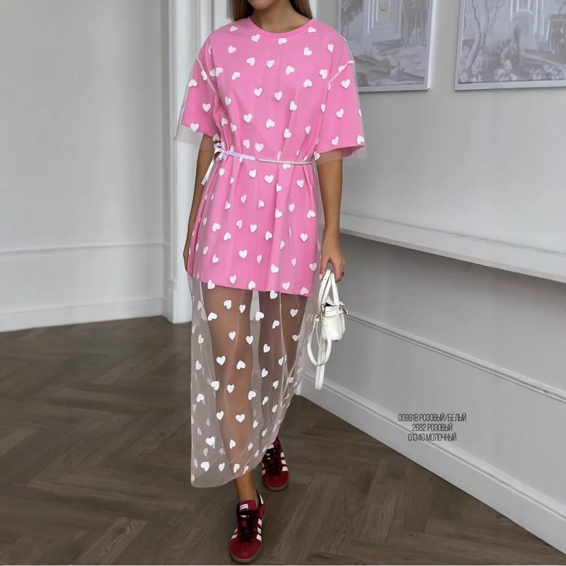 Women's Long Heart Mesh Loose Short Dress