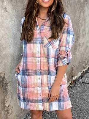Women’s Autumn Plaid Shirt Dress Casual