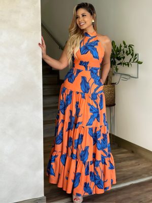 Spring Autumn Halter Swing Printed Women’s Dress