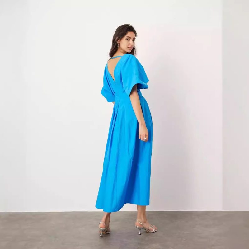 Elegant Blue V-Neck Pleated Loose Dress - Image 2