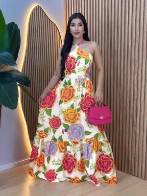 French Printed Halter Lace-Up Summer Dress