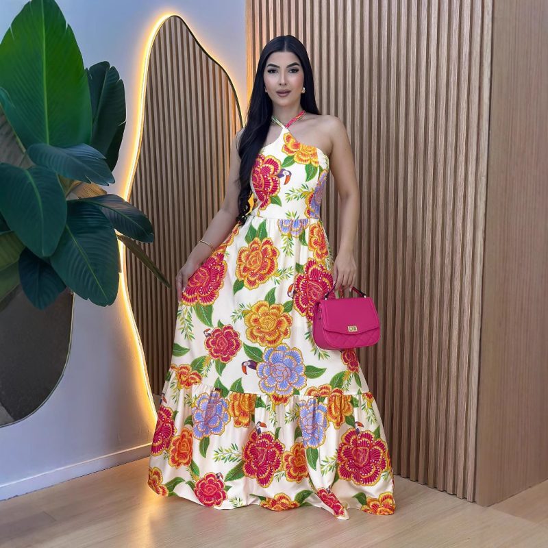 French Printed Halter Lace-Up Summer Dress