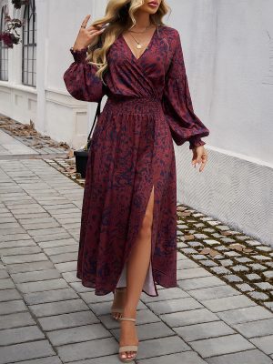 Autumn Winter Printed High Waist V Dress