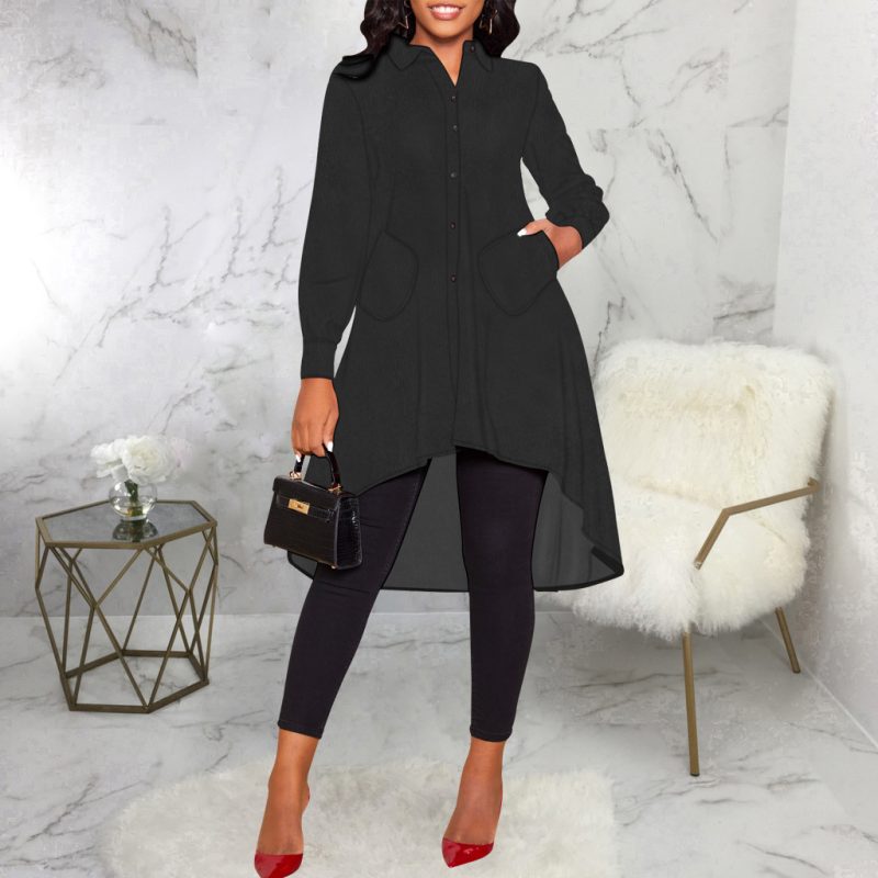 Women’s Solid Pocket Casual Shirt Dress - Image 2