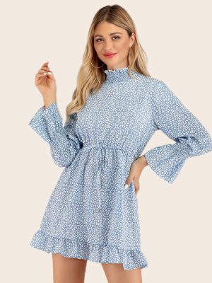 Ruffled Floral Print Lace Up Turtleneck Dress