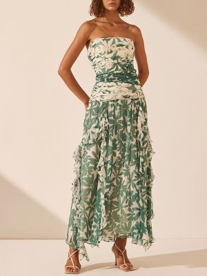 Retro Pleated Mesh Tube Top Maxi Dress