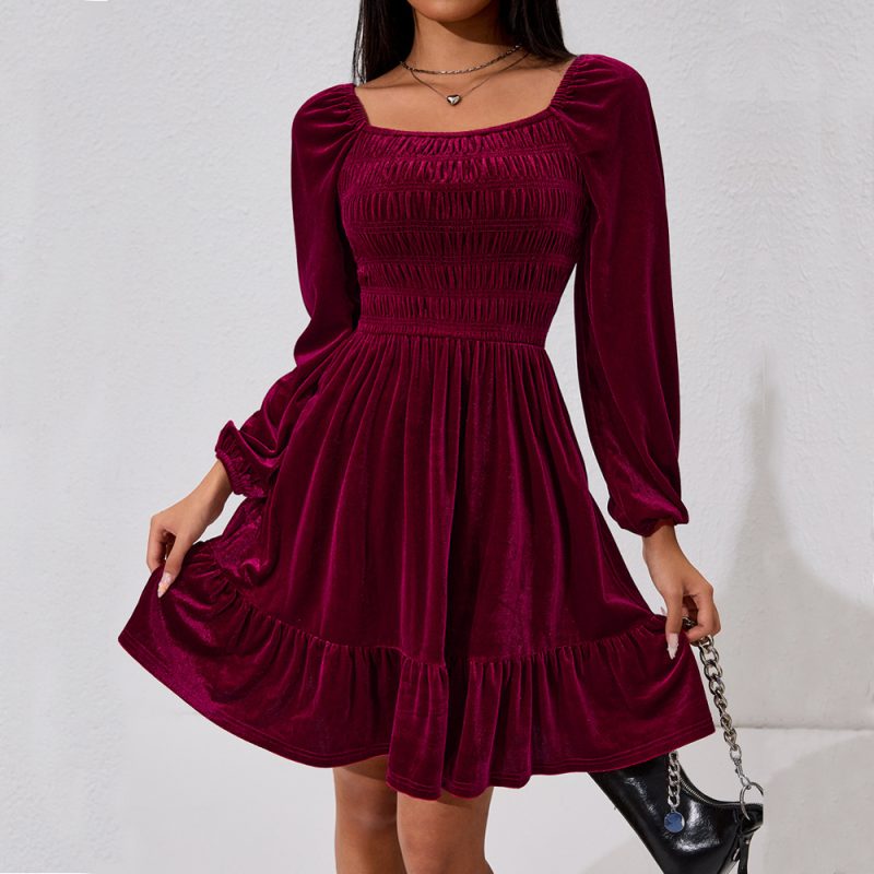 Classy Wine Red Mini Dress High Waist Winter Style - Image 3