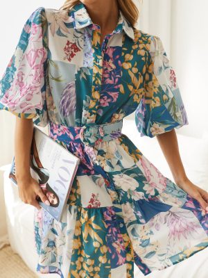 Short Sleeve Belted Bohemian A-Line Dress