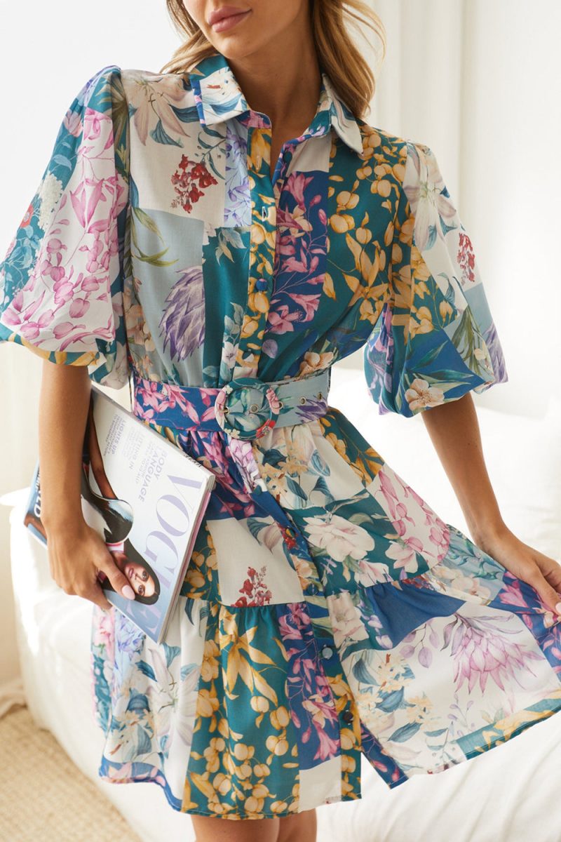 Short Sleeve Belted Bohemian A-Line Dress