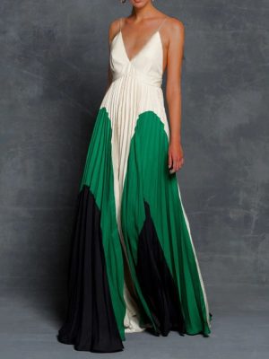 Colorblock Pleated Slim Fit Cami Maxi Dress