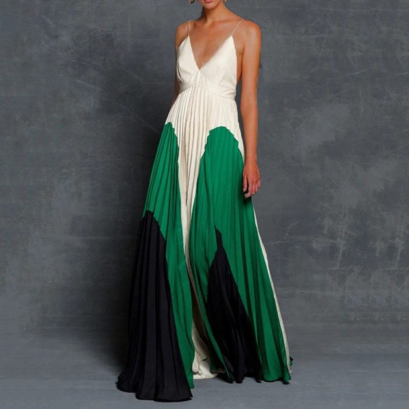 Colorblock Pleated Slim Fit Cami Maxi Dress