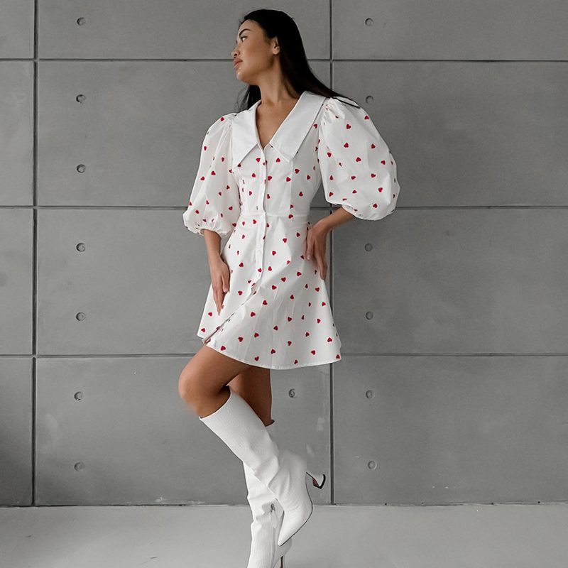 Heart Print Cotton Linen Puff Sleeve Dress - Image 4