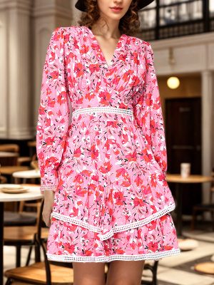 Floral Ruffled V-Neck High Waist Dress