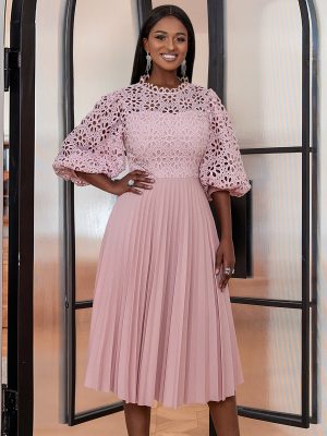 Elegant Lace Pleated Office Dress with Lantern Sleeves