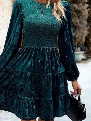 Elegant Velvet Round Neck Midi Dress Women