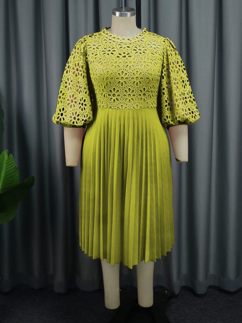 Elegant Lace Pleated Office Dress with Lantern Sleeves - Image 3