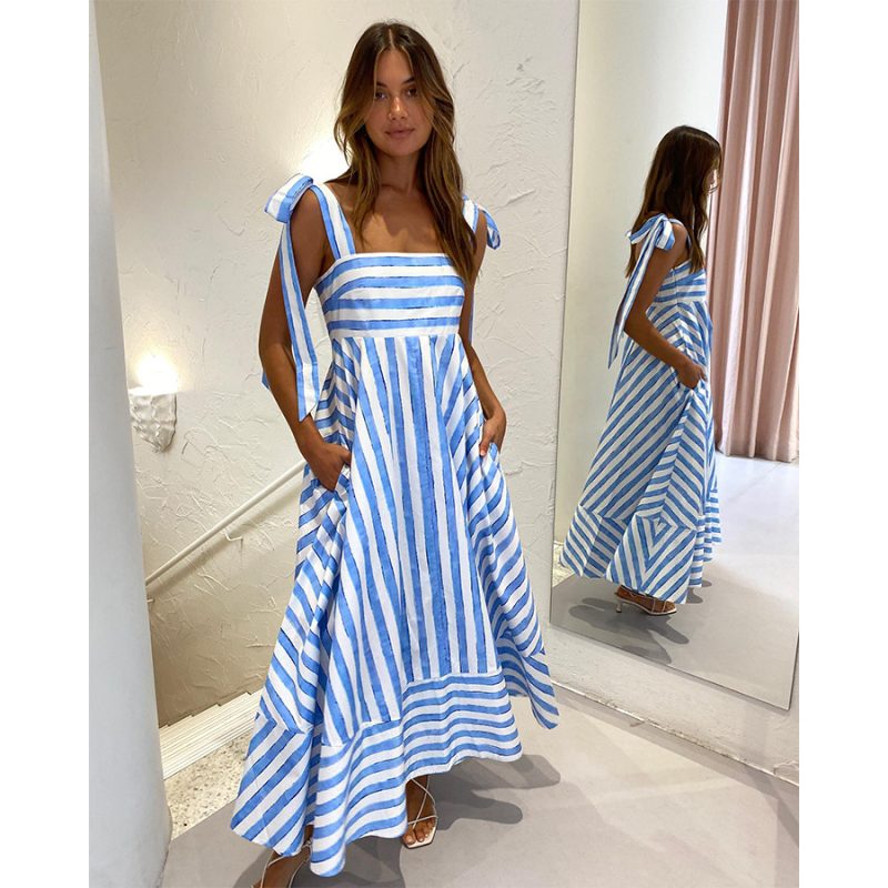 Striped Lace-Up Sweet Swing Dress for Summer
