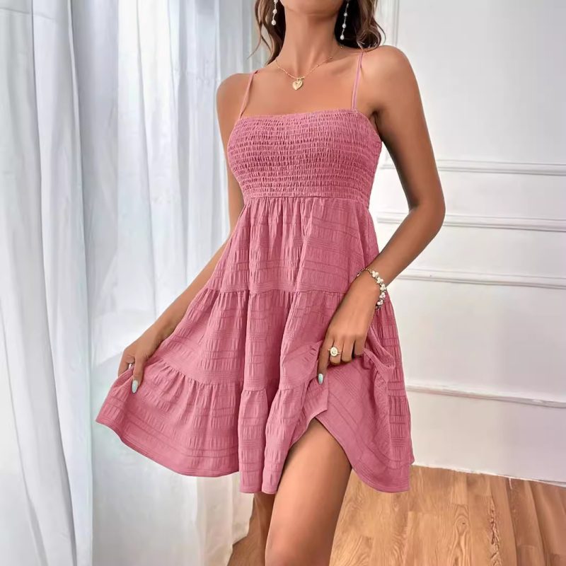 Summer Off-Shoulder Solid Texture Cami Dress - Image 2