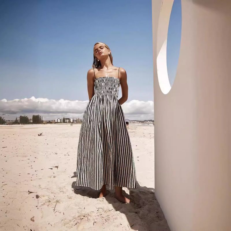 Striped Pocket Sling Dress with Stretch Waist - Image 4