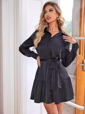 Chic Buttoned Lace-Up Waist Collared Dress Women