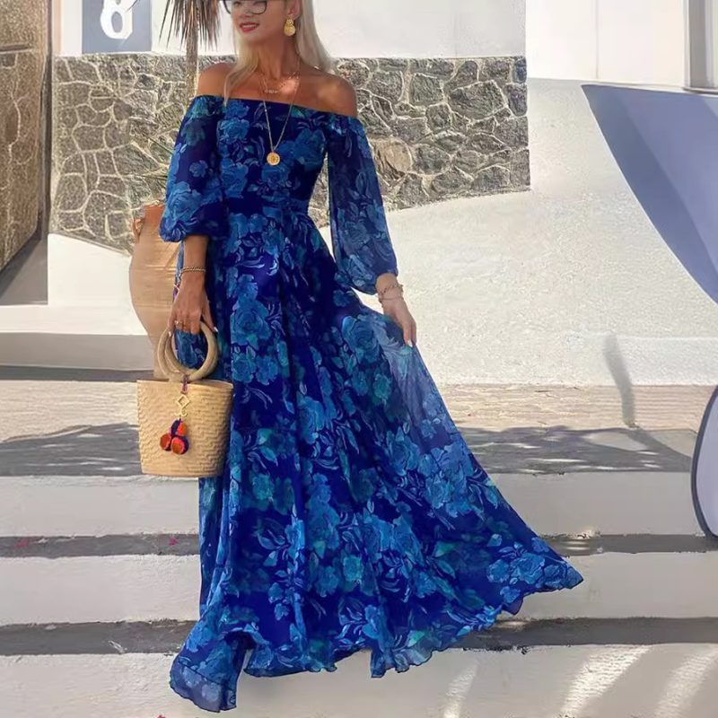 Off-Shoulder Printed Large Swing Maxi Dress