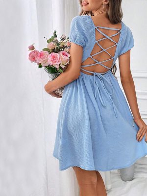 French Backless Square Neck Mid-Length Dress