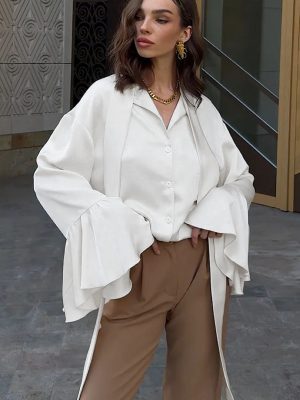 Beige Ruffled Matte Satin Autumn Shirt Women