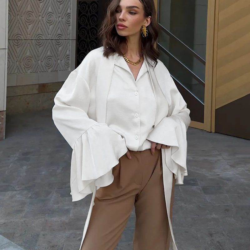 Beige Ruffled Matte Satin Autumn Shirt Women