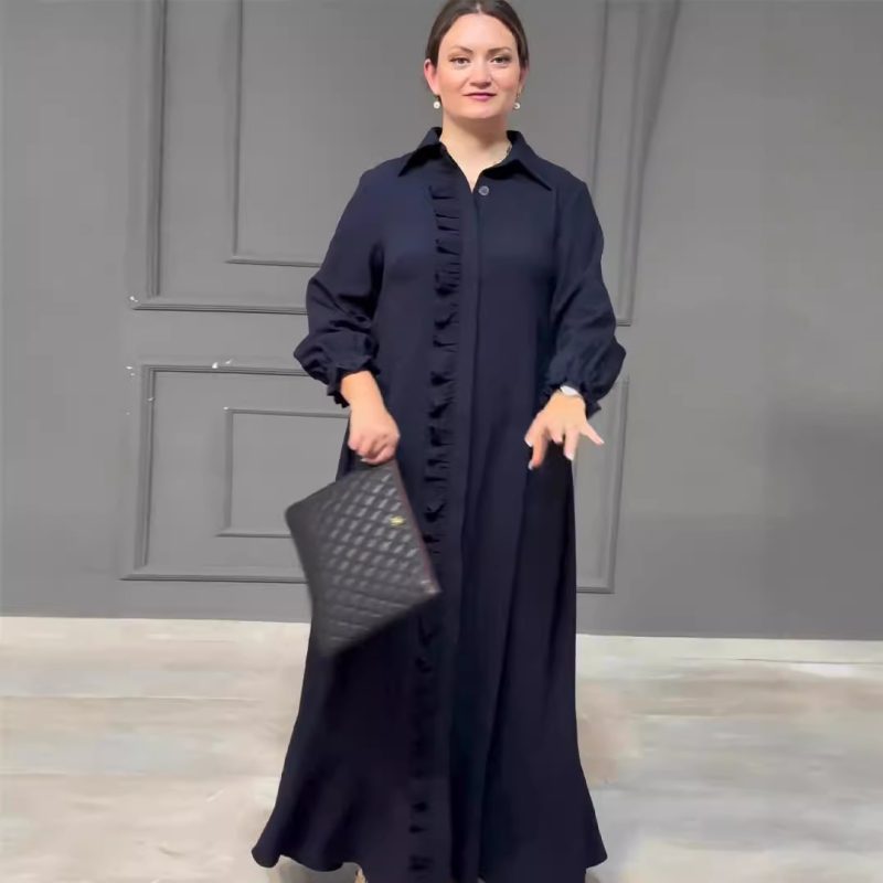 Elegant High Waist Long Sleeve Robe Dress - Image 3