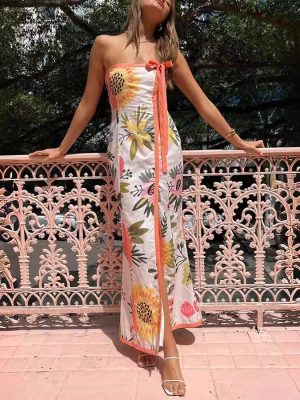 Women's Summer Printed Dress Wrap Neckline High Slit