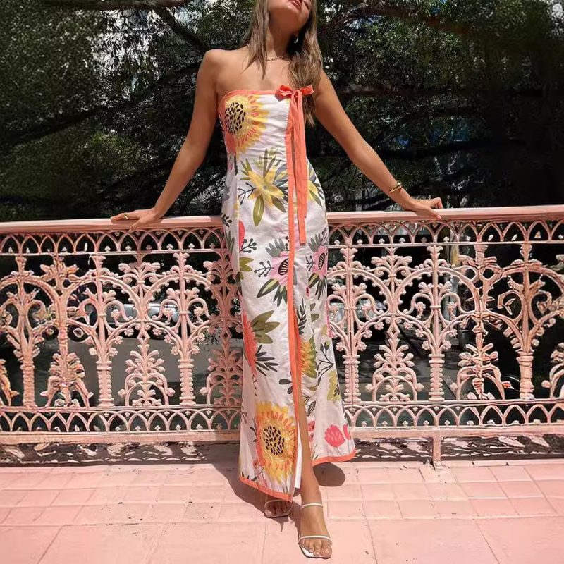 Women's Summer Printed Dress Wrap Neckline High Slit