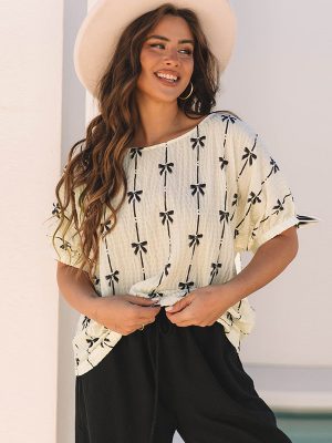 Women’s Round Neck Bow Print Chiffon Shirt
