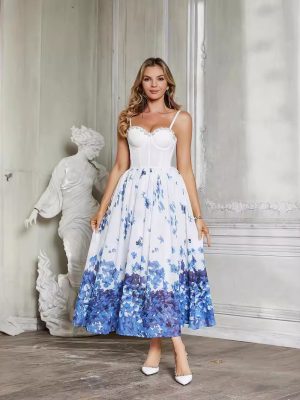 Gradient Blue Floral Corset Chiffon Cami Dress