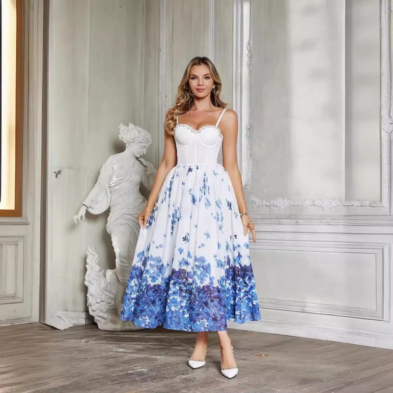 Gradient Blue Floral Corset Chiffon Cami Dress