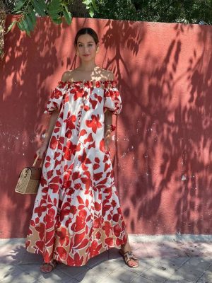 Off-Shoulder Floral Print Puff Sleeve Dress