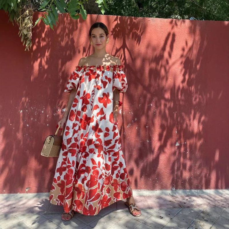 Off-Shoulder Floral Print Puff Sleeve Dress