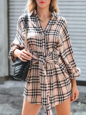 Plaid Lace-Up Waist Mid-Length Shirt Dress