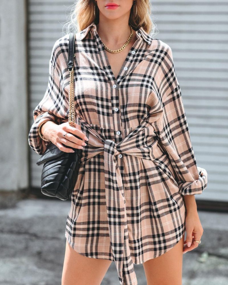 Plaid Lace-Up Waist Mid-Length Shirt Dress