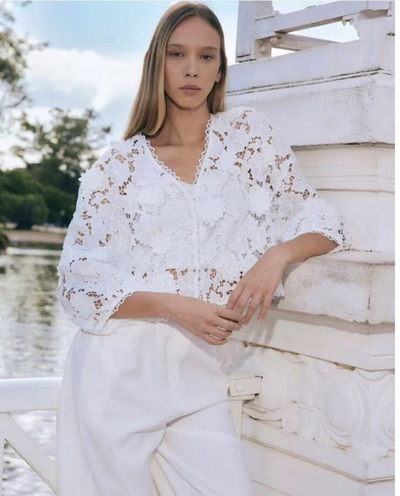 Women’s V-Neck Hollow Out Lace Blouse - Image 2