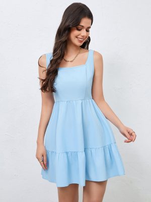 Elegant Square Collar Pleated Hem Slim Dress