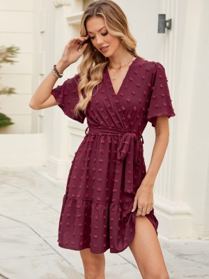 Ruffled V-Neck Lace Up Summer Dress with Fur Balls