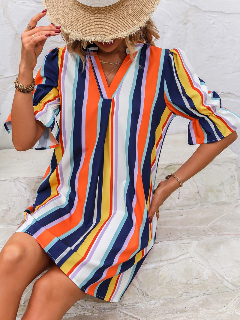 Casual Rainbow Stripe Beach Shirt Dress Women - Image 2